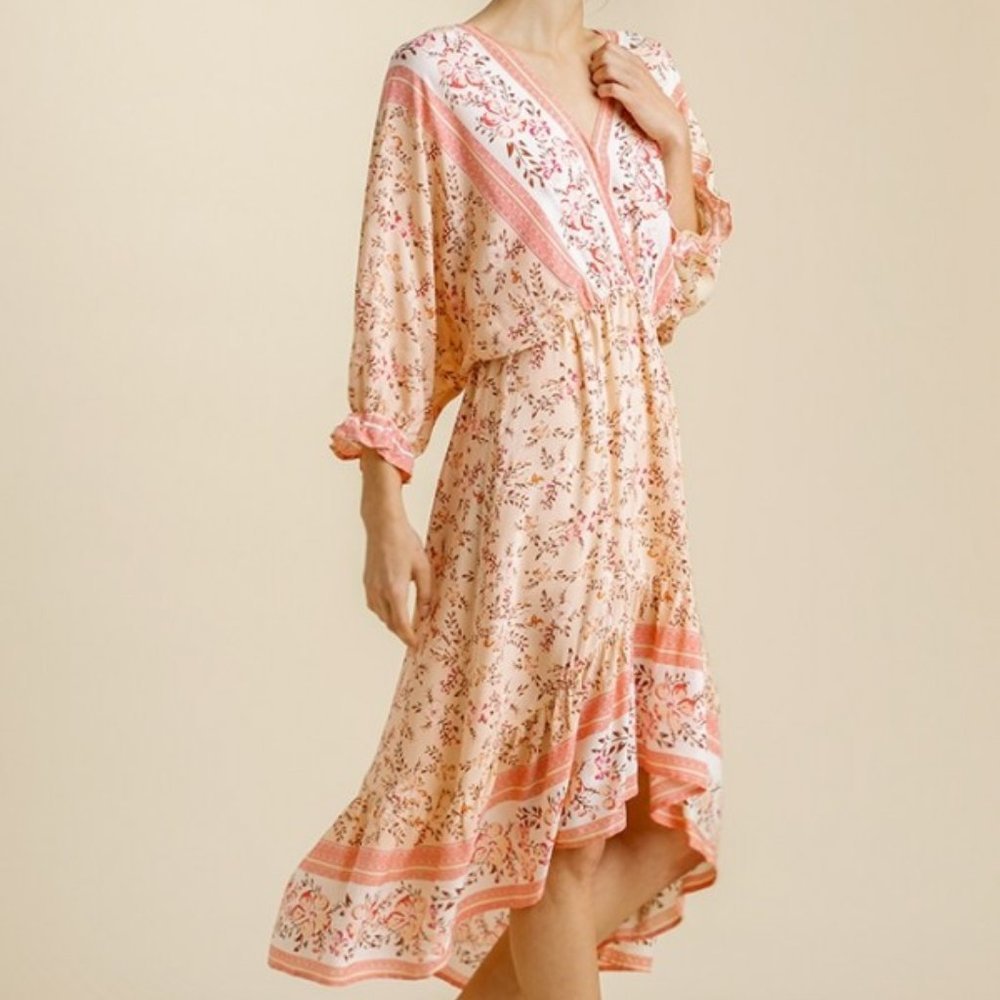 Umgee Peach Floral Print High Low Midi Dress NWT